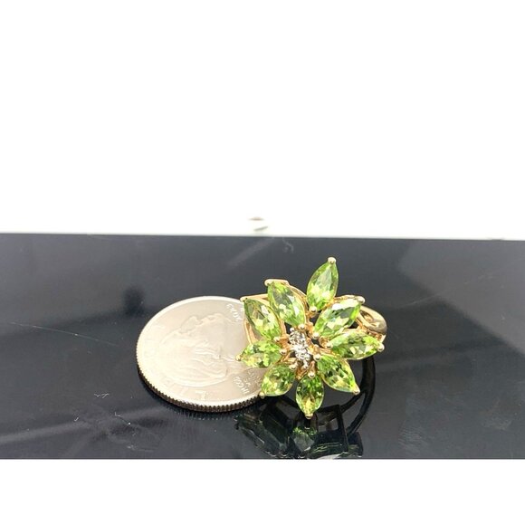Green Gemstone Diamond Floral Cocktail Ring 14k Yellow Gold Womens Estate Size 7 - Picture 11 of 15